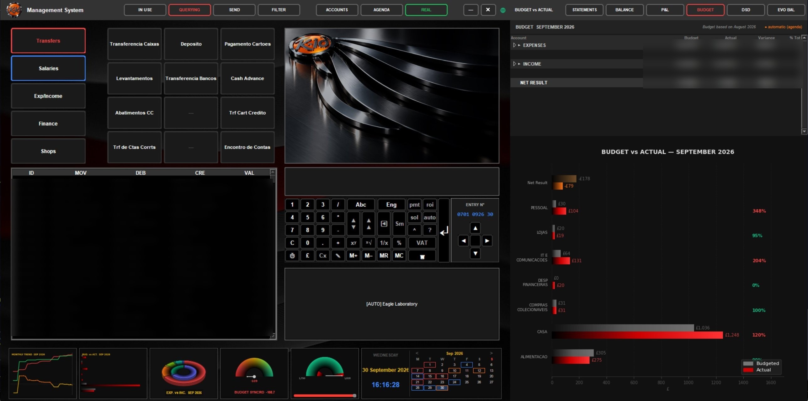 Main UI — Agenda panel, movement matrix, transaction ledger, integrated calculator